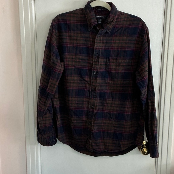 Lands' End Men's Plaid Flannel Shirt - Navy, Red, Green, Brown M  15-15 1/2 - Picture 1 of 6